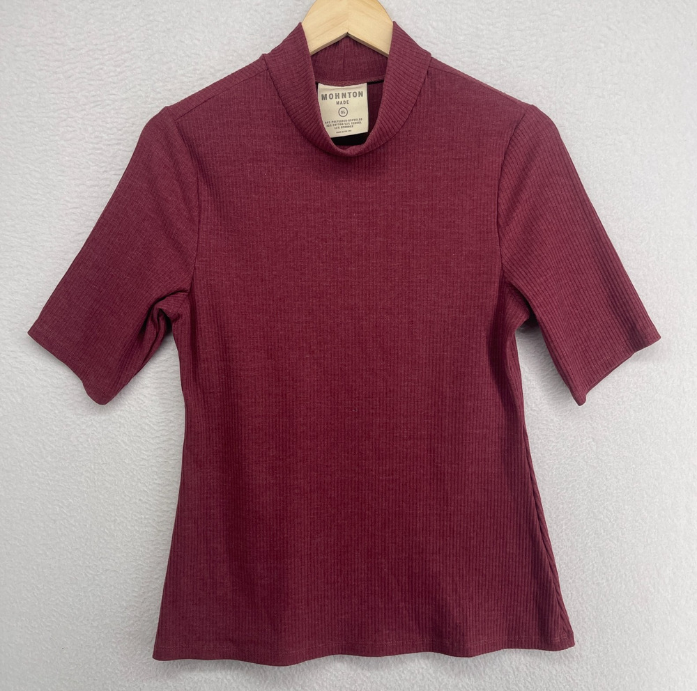 MOHNTON Top Womens XL Cotton Tencel Jersey Ribbed Mock Neck Elbow Sleeve Maroon